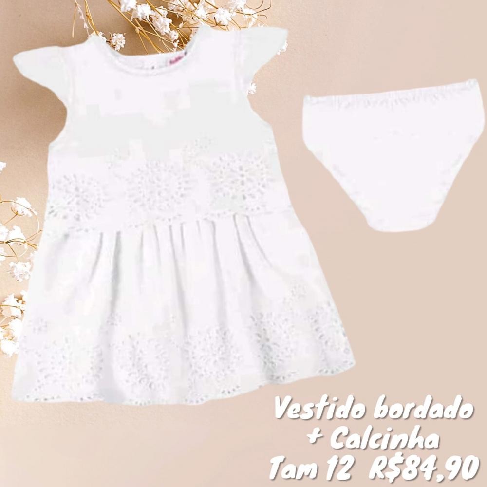 VESTIDO CREME BORDADO + CALCINHA  TAM 12