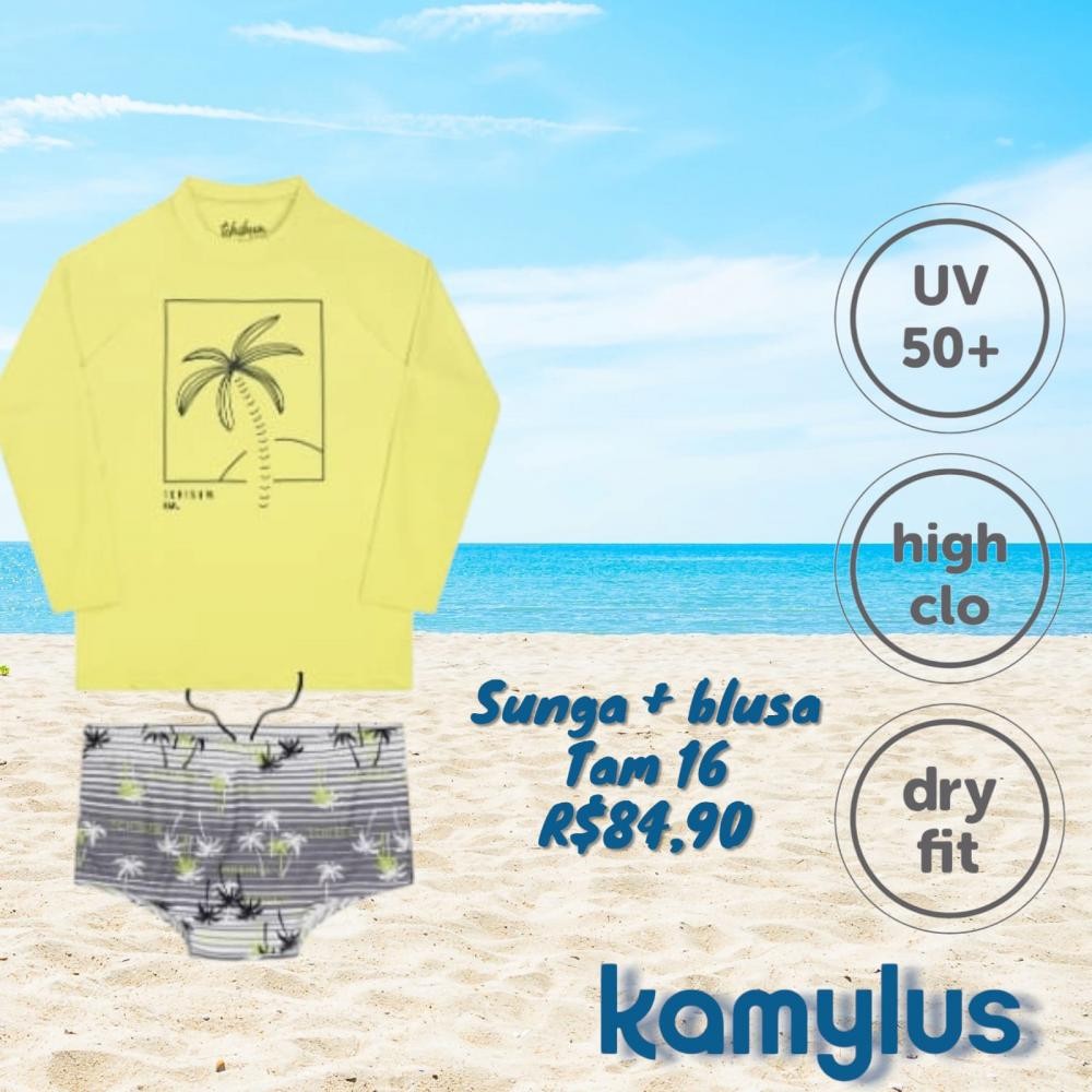CONJ PRAIA BLUSA + SUNGA NEON AMARELO TAM 16
