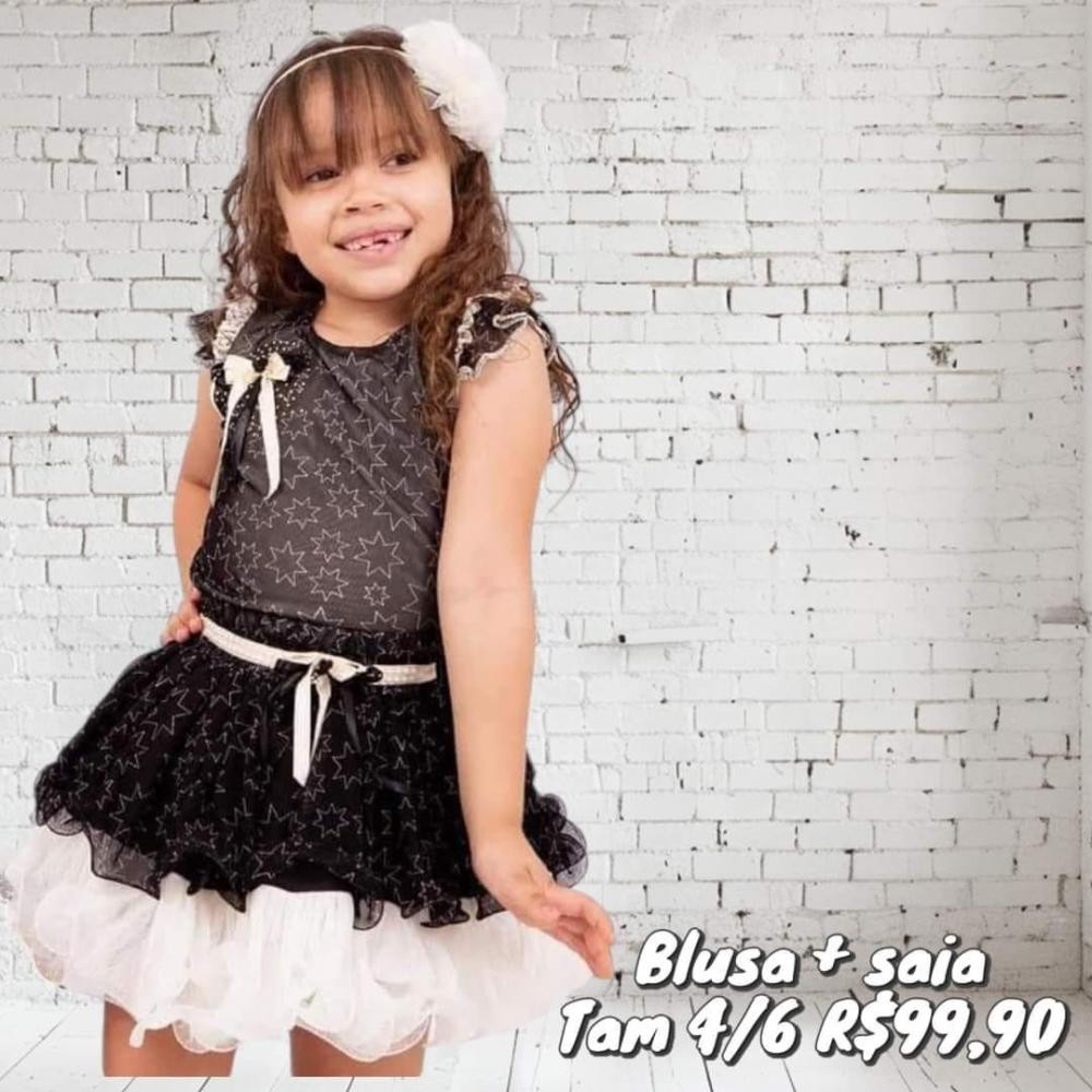 CONJ SAIA + BLUSA PRETA  TAM 4
