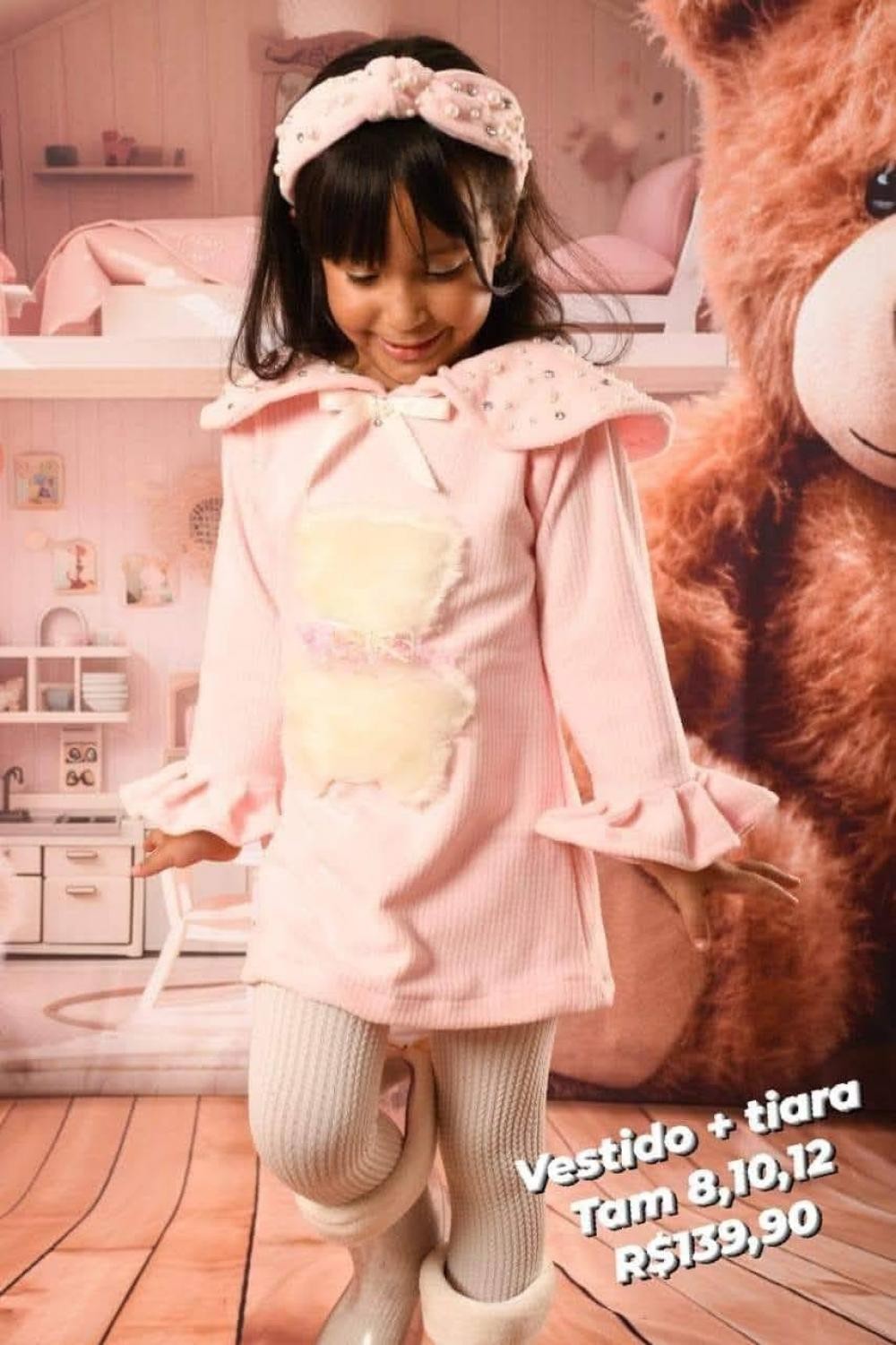 VESTIDO ML + TIARA ROSA TAM 12