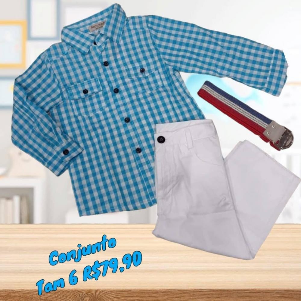 CONJ CAMISA ML + CALCA BRANCA /6 AZUL TAM 4