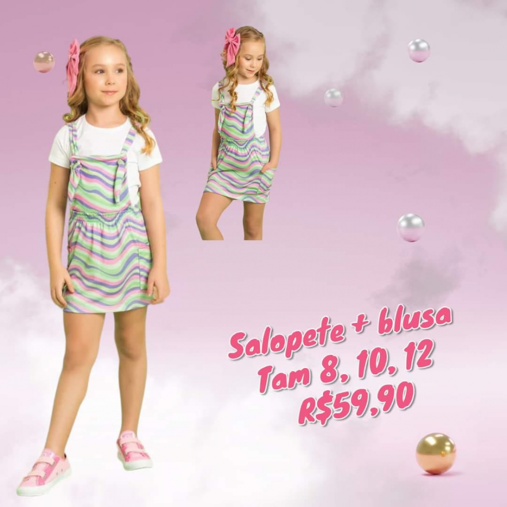 SALOPETE LISTRAS + BLUSA BRANCA  TAM 12
