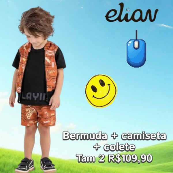 CONJ BERMUDA + CAMISETA + COLETE MARROM TAM 2