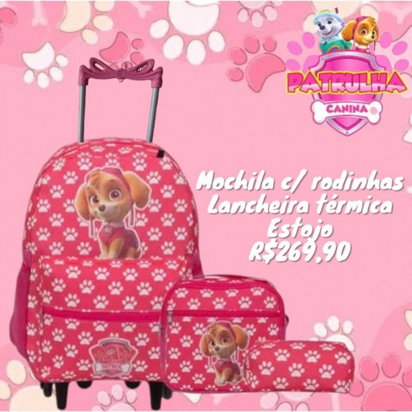 MOCHILA PATRULHA + LANCH + ESTOJO + CARRINHO ROSA
