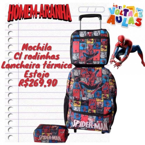 MOCHILA HOMEM ARANHA + LANCHEIRA + ESTOJO + CARRIN