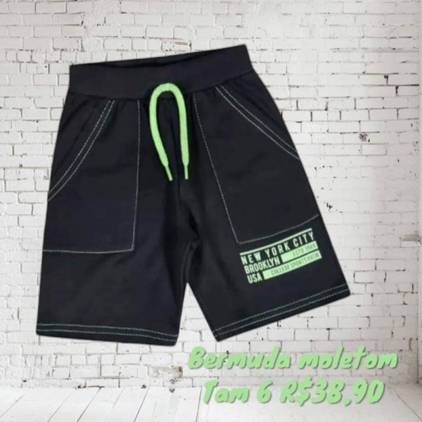 BERMUDA MOLETOM PRETA C/ VERDE TAM 6