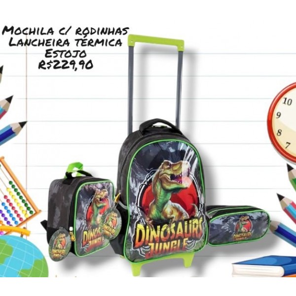 MOCHILA DINOSSAURO + LANCHEIRA + ESTOJO + CARRINHO