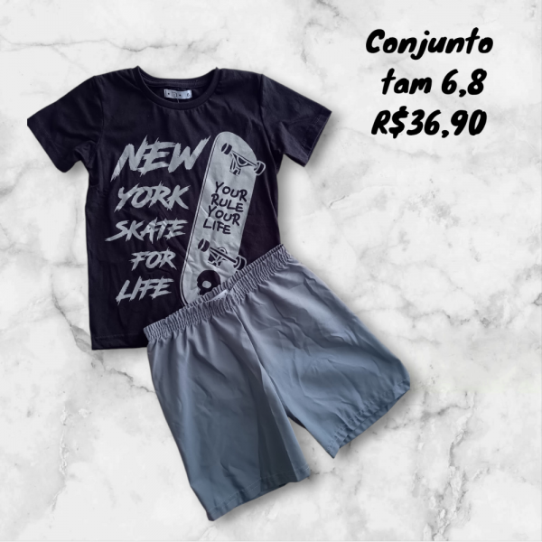 CONJ BERMUDA + CAMISETA PRETA SKATE CINZA TAM 8